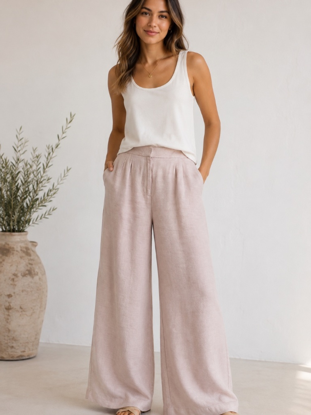 Calvin Klein linen blend wide leg pants/trousers pink 6 pleats coastal office